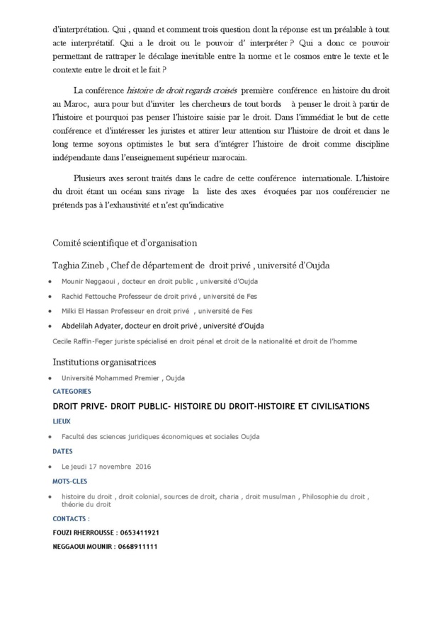 Première conférence internationale sur l’histoire du droit Faculté des Sciences Juridiques Économiques et Sociales Université Mohammed 1er Oujda Regards croisés sur l’histoire du Droit 