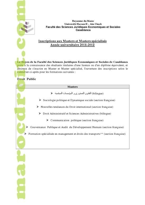 كلية الحقوق بالدار البيضاء: وضع ملف الترشيح للتسجيل بالماستر - القانون العام أو الخاص - 2012/2011