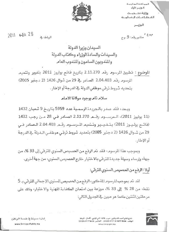 منشور حول تحديد شروط ترقي موظفي الدولة منشور حول تحديد شروط ترقي موظفي الدولة