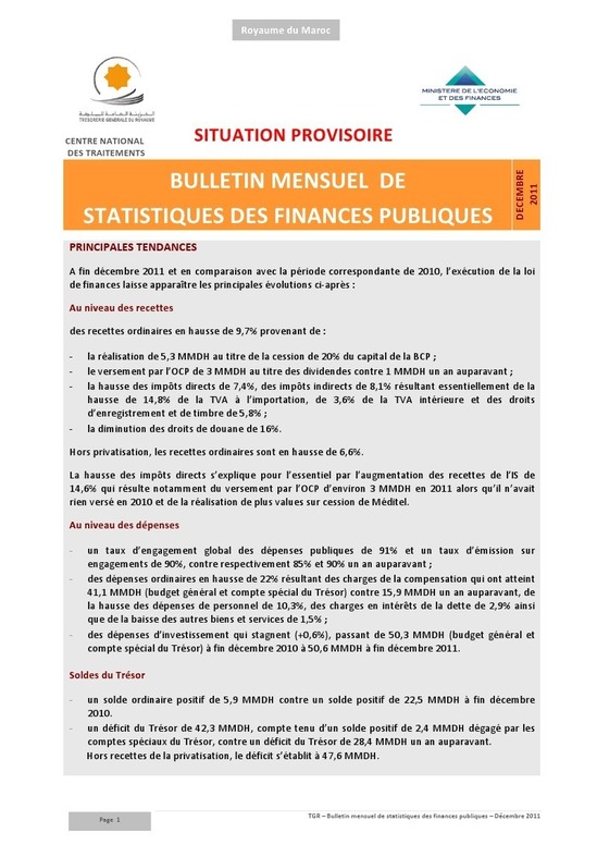 Bulletin Mensuel de Statistiques des Finances Publiques - Décembre 2011