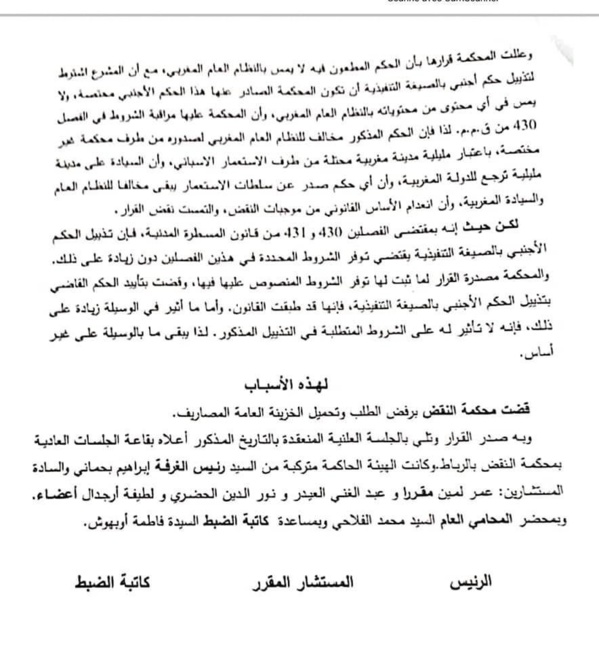 محكمة النقض: تذييل حكم صاد عن محكمة مليلية المحتلة بالصيغة التنفيذية - نعم، تذييل الحكم الاجنبي يقتضي التوفر على الشروط المحددة من خلال ق م م بدون زيادة - نعم. 