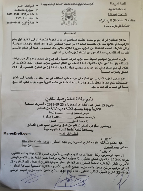 حصريا: نسخة من حكم المحكمة الإدارية بوجدة عدد 2305 القاضي بإلغاء إنتخابات مرشحين عن الدائرة الإنتخابية بالناظور لعدم تقدمهم بطلبات إستقالتهم من أحزابهم السابقة إلا بعد إنطلاق أجل إيداع الترشيحات