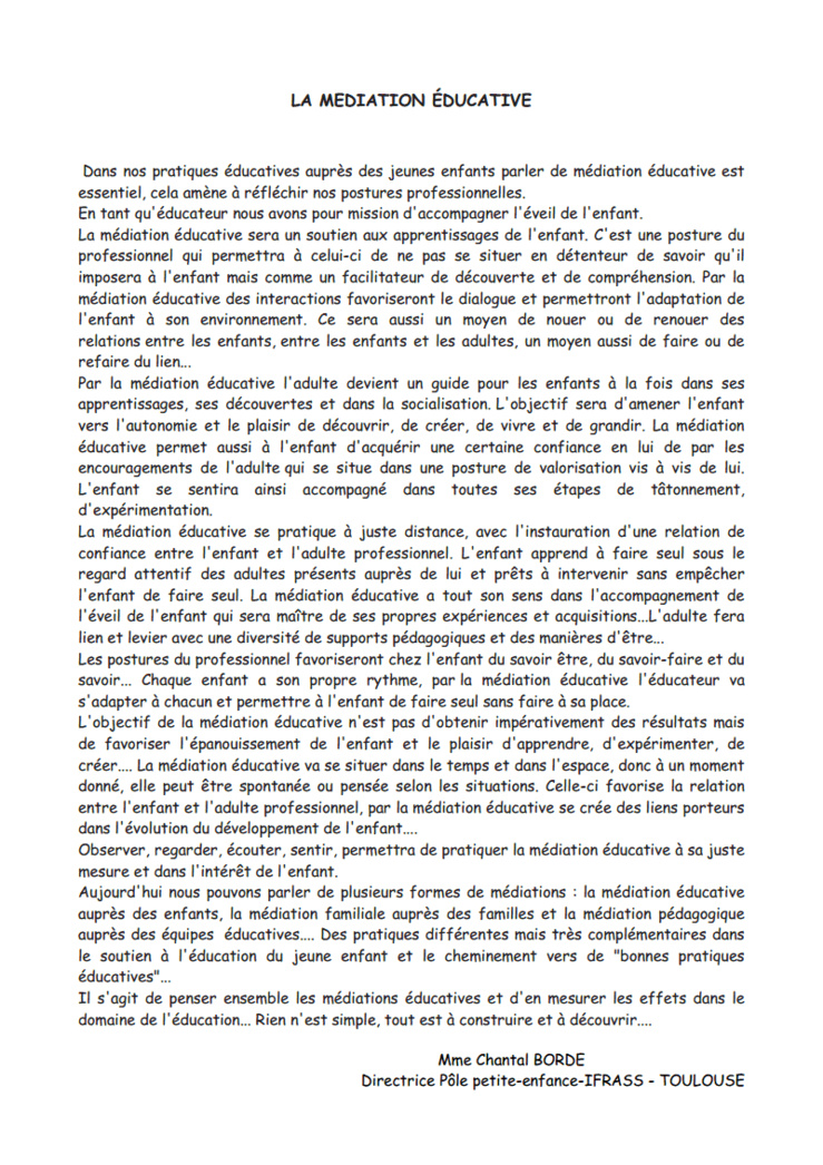 Conférence débat sur le thème: LES MEDIATIONS EDUCATIVES : UN SOUTIEN A L’EVEIL DE L’ENFANT ET A SES APPRENTISSAGES