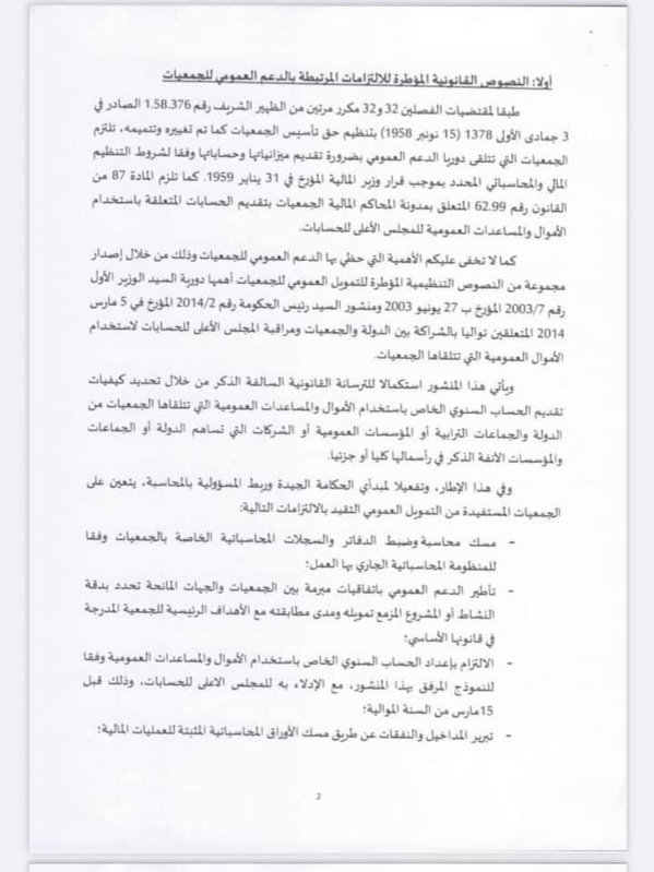 منشور السيد رئيس الحكومة رقم2022-13 الصادر بتاريخ 12 يوليوز 2022 في موضوع كيفيات تقديم الحساب السنوي الخاص بإستخدام الأموال والمساعدات العمومية التي تتلقاها الجمعيات.