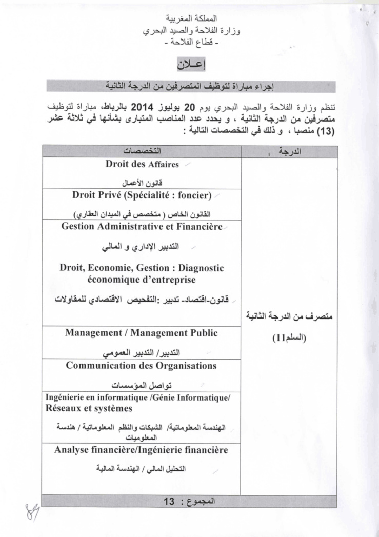 وزارة الفلاحة والصيد البحري - قطاع الفلاحة: مبارة لتوظيف 13 متصرف من الدرجة الثانية - آخر أجل هو 18 يونيو 2014