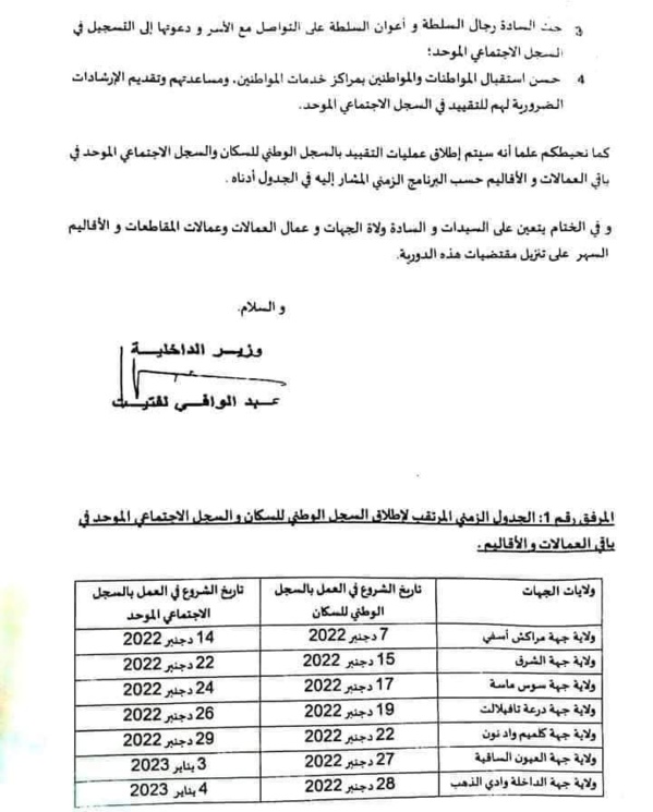 دورية وزارة الداخلية رقم 5875 بتاريخ 28 نوفمبر 2022 بشأن إطلاق عملية التسجيل في السجل الاجتماعي الموحد، والتي تدخل في إطار تنزيل ورش تعميم الحماية