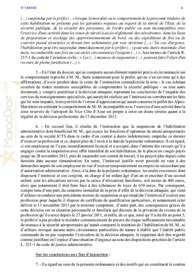 أمر المحكمة الإدارية بنيس في قضية ضابط الأمن بمطار نيس الذي ألقى تحية ( السلام عليكم ) باللغة العربية.