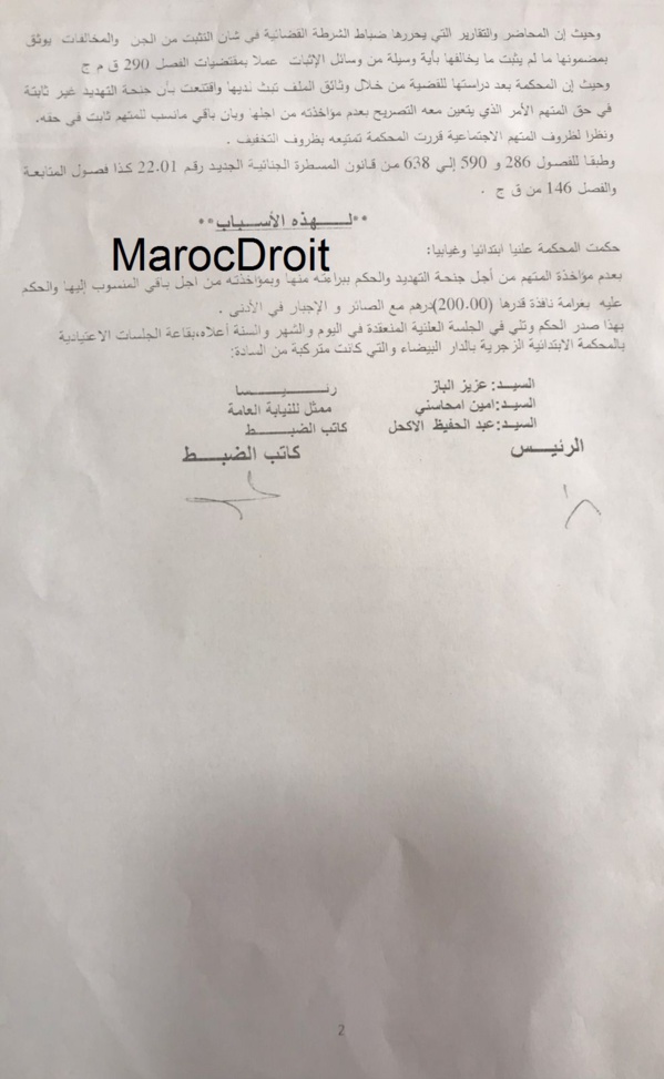  القضاء الزجري: الإعتراف بالسب والقذف - الحكم بغرامة مالية قدرها 200 درهم - نعم