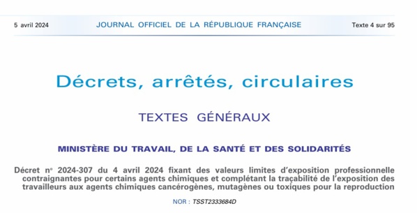 FR : Le décret du 4 avril 2024 fixe des valeurs limites d’exposition professionnelle contraignantes pour certains agents chimiques FR : Le décret du 4 avril 2024 fixe des valeurs limites d’exposition professionnelle contraignantes pour certains agents chimiques