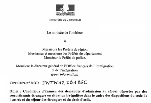 France : Circulaire du Conditions d'examen des demandes d'admission au séjour déposées par des ressortissants étrangers en situation irrégulière dans le cadre des dispositions du code de l'entrée et du séjour des étrangers et du droit d'asile.
