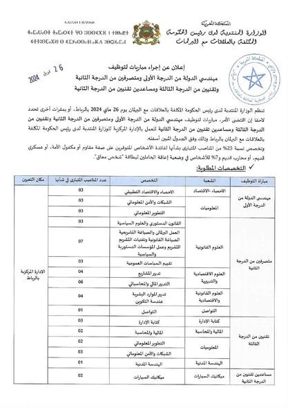 مباراة لتوظيف 28 متصرف من الدرجة الثانية بالوزارة المنتدبة لدى رئيس الحكومة المكلفة بالعلاقات مع البرلمان