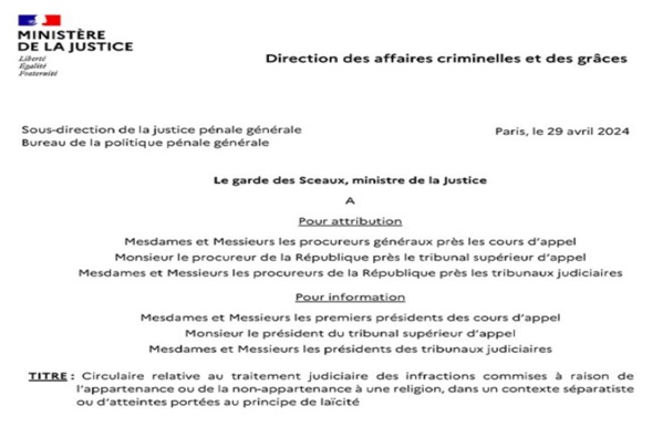 Une circulaire aux procureurs de 29 avril 2024 visant à contrer les violences envers les personnes perçues comme insuffisamment religieuses. Une circulaire aux procureurs de 29 avril 2024 visant à contrer les violences envers les personnes perçues comme insuffisamment religieuses.