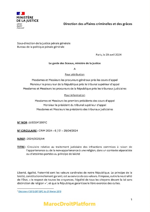 Une circulaire aux procureurs de 29 avril 2024 visant à contrer les violences envers les personnes perçues comme insuffisamment religieuses. Une circulaire aux procureurs de 29 avril 2024 visant à contrer les violences envers les personnes perçues comme insuffisamment religieuses.
