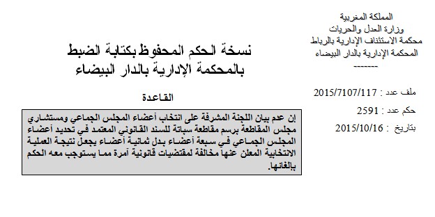 نسخة من حكم المحكمة الإدارية بالدار البيضاء القاضي بإلغاء إنتخابات مقاطة سباتة نتيجة تحديد اللجنة المشرفة على الإنتخابات أعضاء المجلس الجماعي في سبعة أعضاء بدل ثمانية أعضاء.  نسخة من حكم المحكمة الإدارية بالدار البيضاء القاضي بإلغاء إنتخابات مقاطة سباتة نتيجة تحديد اللجنة المشرفة على الإنتخابات أعضاء المجلس الجماعي في سبعة أعضاء بدل ثمانية أعضاء.