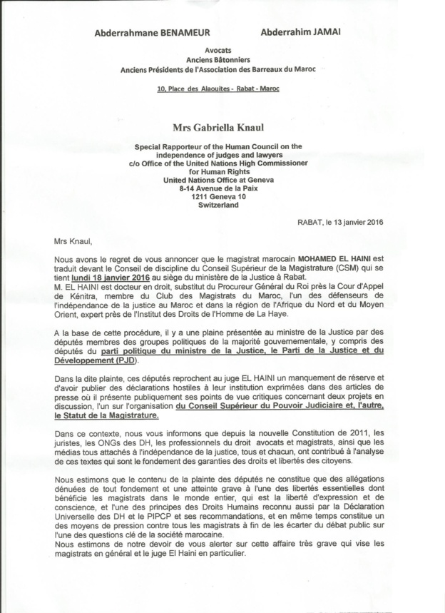 رسالة إلى السيدة المقررة السامية الخاصة باستقلال القضاة والمحامين لدى الامم المتحدة بسويسرا بقلم النقيب عبد الرحيم الجامعي والنقيب عبد رسالة إلى السيدة المقررة السامية الخاصة باستقلال القضاة والمحامين لدى الامم المتحدة بسويسرا بقلم النقيب عبد الرحيم الجامعي والنقيب عبد