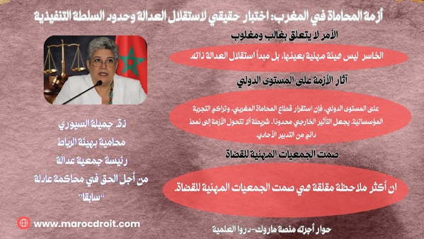 حوار مع ذة. جميلة السيوري : أزمة المحاماة في المغرب: اختبار حقيقي لاستقلال العدالة وحدود السلطة التنفيذية