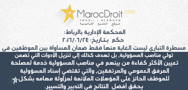 المحكمة الإدارية بالرباط: تعيين أحد الموظفين بمنصب مسؤولية بدون اعتماد مسطرة التباري ودون مراعاة المعايير المعمول بها يكون مؤثرا في المركز القانوني للطاعن بما يجعل مصلحته في محاكمة مشروعية هذا القرار والمطالبة بإلغائه قائمة.