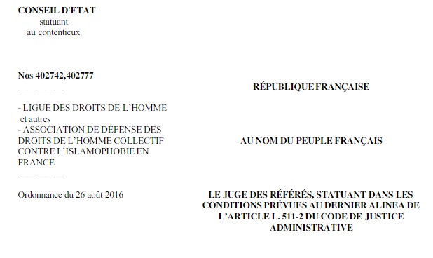 نسخة كاملة من قرار مجلس الدولة الفرنسي الصادر بإلغاء القرار الإداري القاضي بمنع ما يسمى "بلباس البحر الإسلامي"