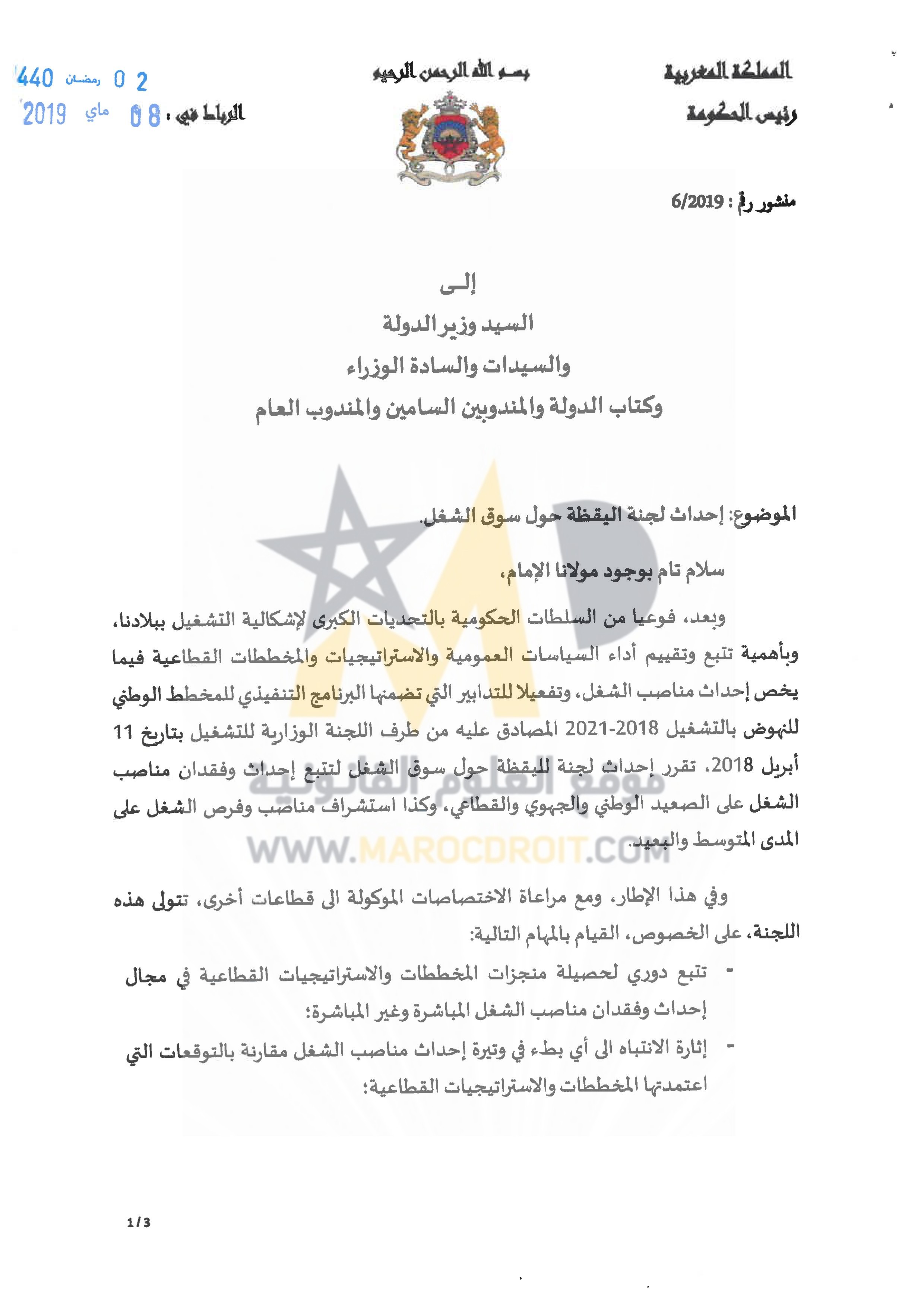 منشور رئيس الحكومة عدد 2019/6 بشأن إحداث لجنة اليقظة حول سوق الشغل