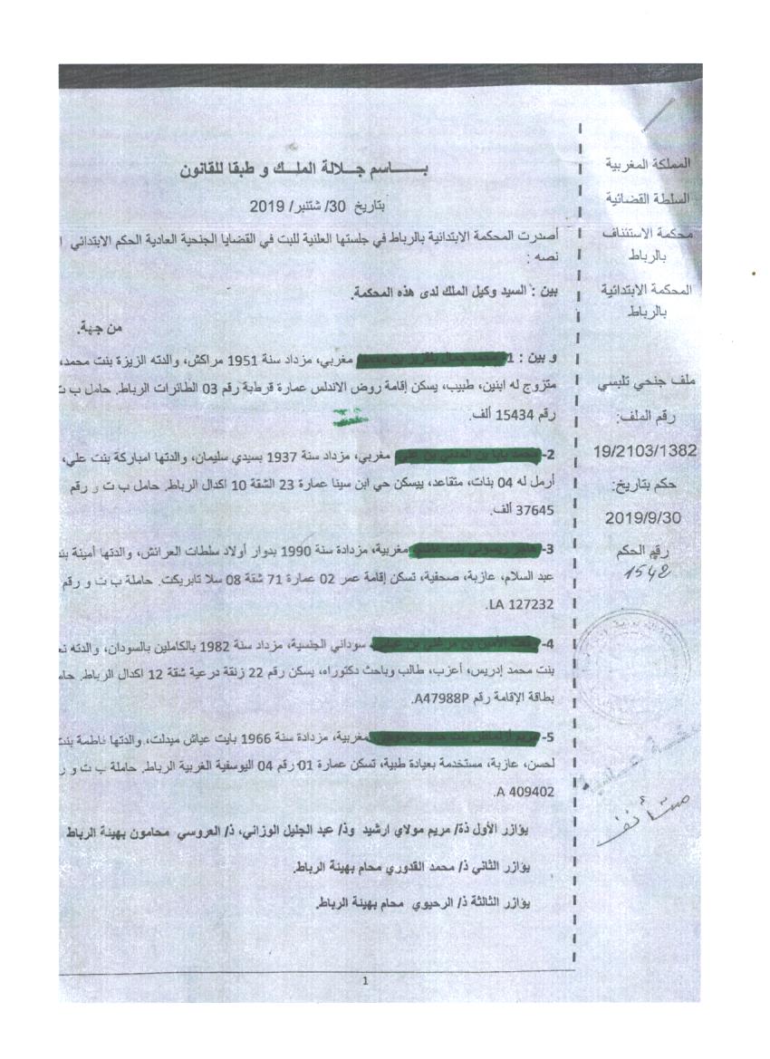 حصريا نسخة كاملة من حكم المحكمة الإبتدائية بالرباط بتاريخ 2019/9/30 في القضية المعروفة إعلاميا بقضية الصحفية هاجر الريسوني