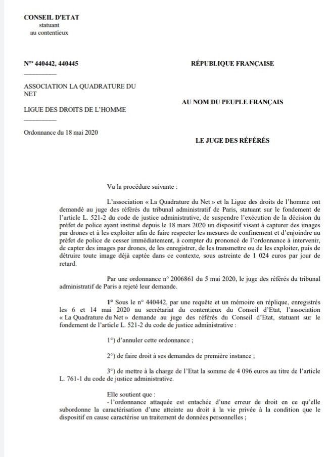 "نسخة كاملة من الأمر الاستعجالي الصادر عن مجلس الدولة الفرنسي بخصوص ايقاف مراقبة خرق حالة الطوارئ الصحية بإستعمال الطائرات المسيرة "درون ََََ
