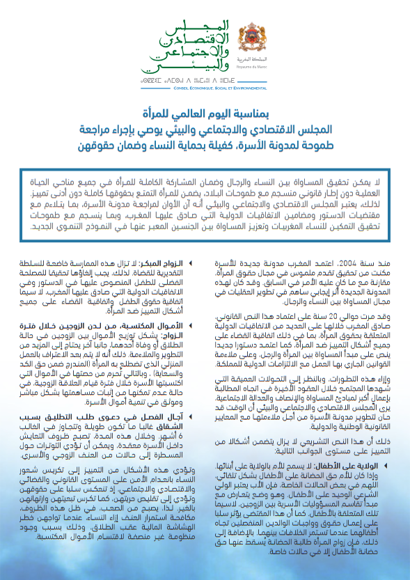 المجلس الاقتصادي والاجتماعي والبيئي يوصي بإجراء مراجعة طموحة لمدونة الأسرة، كفيلة بحماية النساء وضمان حقوقهن المجلس الاقتصادي والاجتماعي والبيئي يوصي بإجراء مراجعة طموحة لمدونة الأسرة، كفيلة بحماية النساء وضمان حقوقهن
