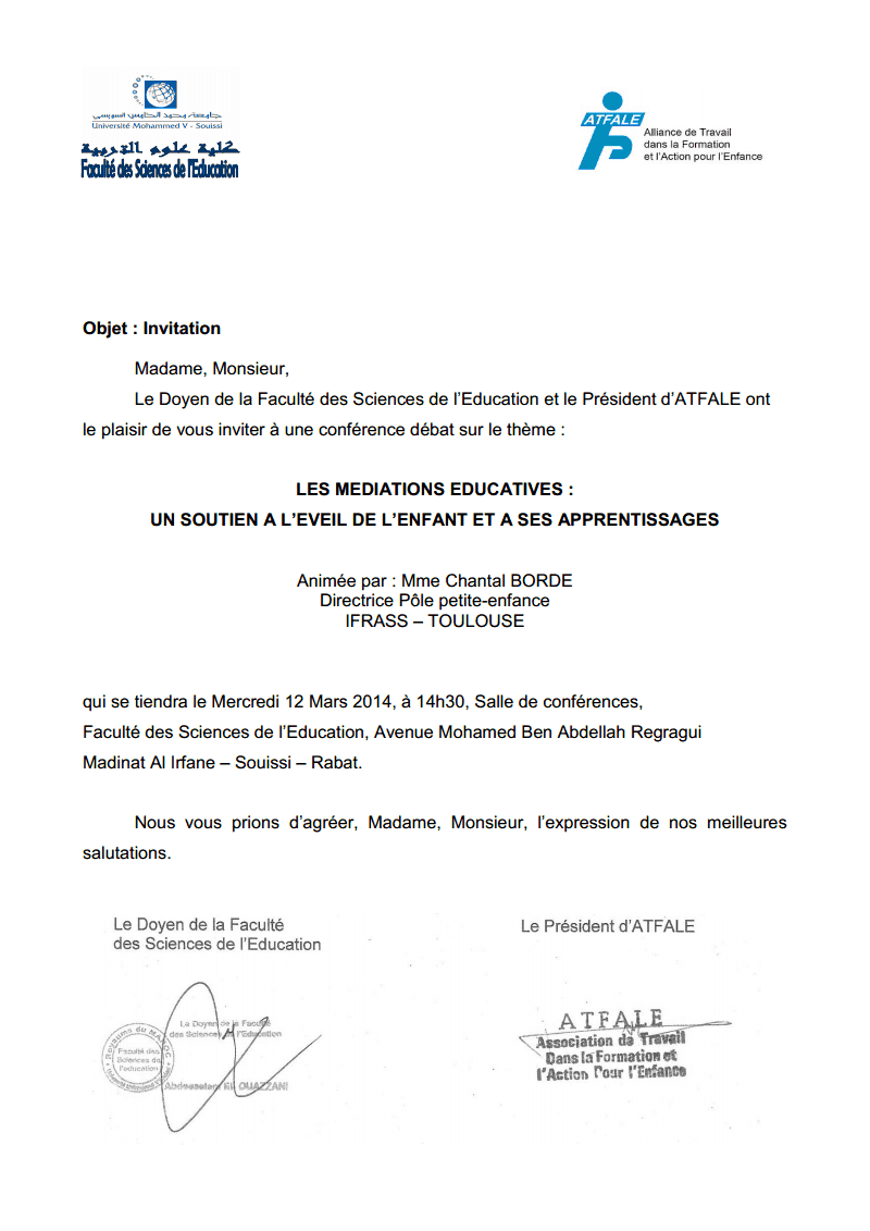 Conférence débat sur le thème: LES MEDIATIONS EDUCATIVES : UN SOUTIEN A L’EVEIL DE L’ENFANT ET A SES APPRENTISSAGES