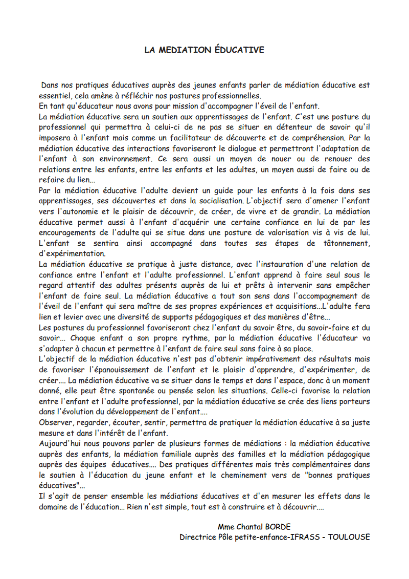 Conférence débat sur le thème: LES MEDIATIONS EDUCATIVES : UN SOUTIEN A L’EVEIL DE L’ENFANT ET A SES APPRENTISSAGES