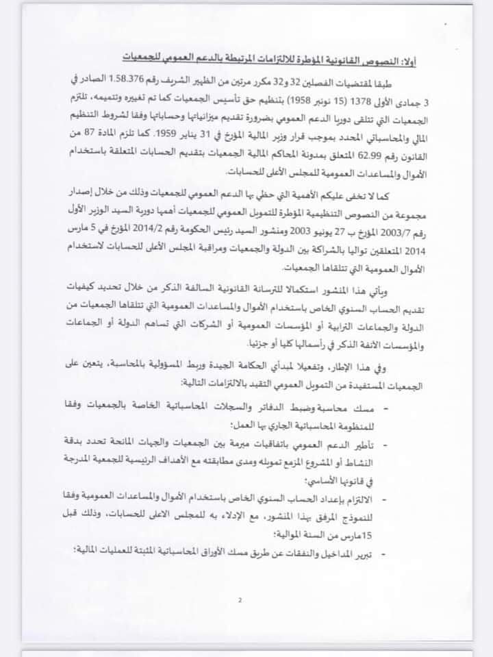 منشور السيد رئيس الحكومة رقم2022-13 الصادر بتاريخ 12 يوليوز 2022 في موضوع كيفيات تقديم الحساب السنوي الخاص بإستخدام الأموال والمساعدات العمومية التي تتلقاها الجمعيات.