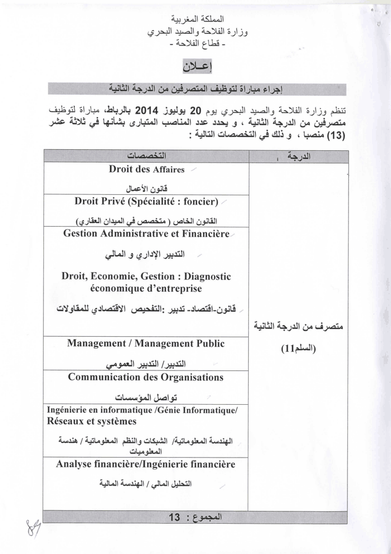 وزارة الفلاحة والصيد البحري - قطاع الفلاحة: مبارة لتوظيف 13 متصرف من الدرجة الثانية - آخر أجل هو 18 يونيو 2014