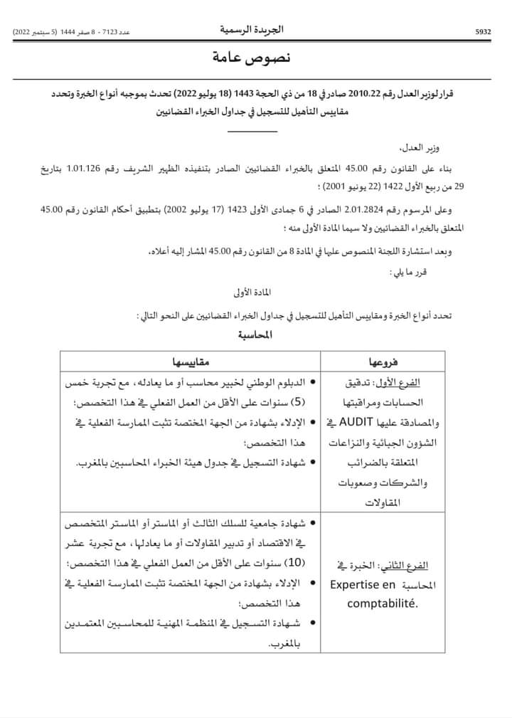 قرار للسيد وزير العدل تحدث بموجبه أنواع  الخبرة وتحدد مقاييس التأهيل للتسجيل في جدول الخبراء القضائيين