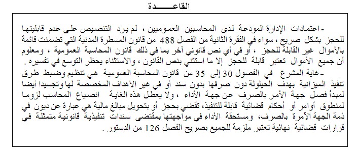 القضاء الإداري - القضاء المستعجل: غاية المشرع في الفصول 30 إلى  35 من قانون المحاسبة العمومية هي تنظيم وضبط  طرق تنفيذ الميزانية بهدف الحيلولة دون صرفها  بدون سند أو في غير الأهداف المخصصة لها وتجسيدا أيضا لمبدأ فصل جهة الأمر بالصرف عن جهة الأداء القضاء الإداري - القضاء المستعجل: غاية المشرع في الفصول 30 إلى  35 من قانون المحاسبة العمومية هي تنظيم وضبط  طرق تنفيذ الميزانية بهدف الحيلولة دون صرفها  بدون سند أو في غير الأهداف المخصصة لها وتجسيدا أيضا لمبدأ فصل جهة الأمر بالصرف عن جهة الأداء