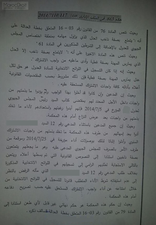 المحكمة الإدارية بفاس: التسجيل في اللوائح الإنتخابية للسادة العدول - شرط أداء واجب الإشتراك - التمتع بصفة ناخب - نعم