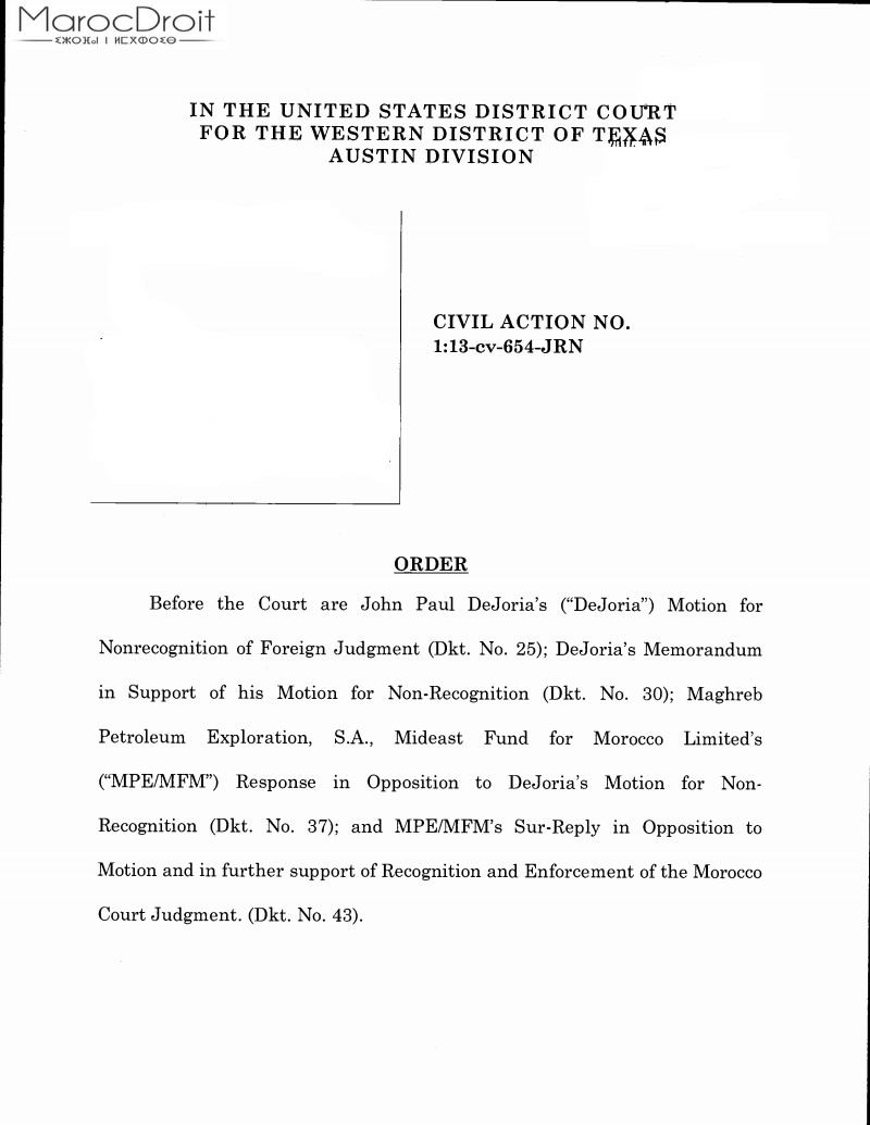 نسخة كاملة من قرار المحكمة الفيدرالية بولاية تكساس الأمريكية الرافض لتنفيذ حكم قضائي مغربي بعلة عدم استقلال القضاء 
