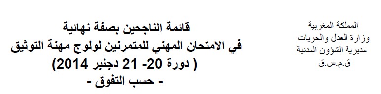 قائمة الناجحين بصفة نهائية في الامتحان المهني للمتمرنين لولوج مهنة التوثيق دورة 21/20 دجنبر 2014