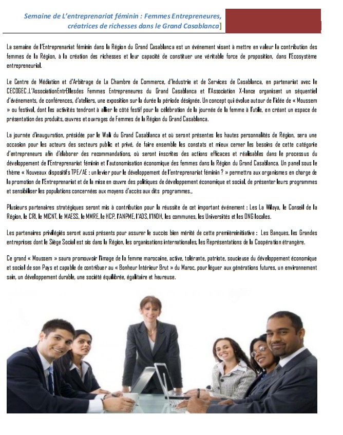LA SEMAINE DE L'ENTREPRENEURIAT FÉMININ du 05 au 08 mars 2015 au siège de la CCIS de Casablanca