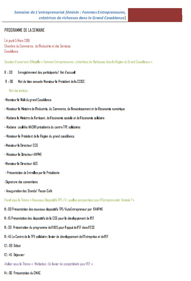 LA SEMAINE DE L'ENTREPRENEURIAT FÉMININ du 05 au 08 mars 2015 au siège de la CCIS de Casablanca