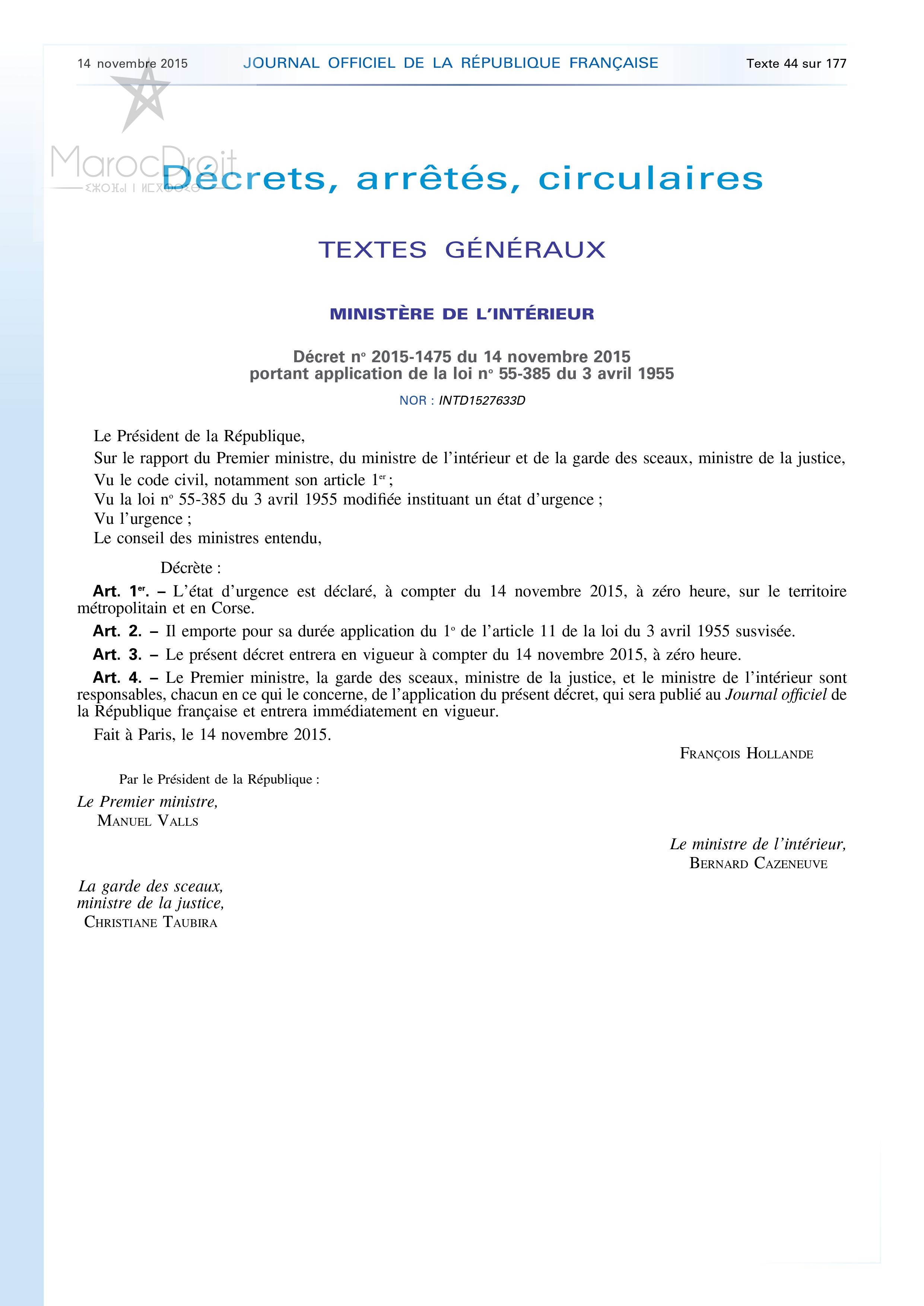 مرسوم 14 نوفمبر 2015 المعلن لوجود فرنسا في حالة طوارئ - متوفر باللغة الفرنسية
