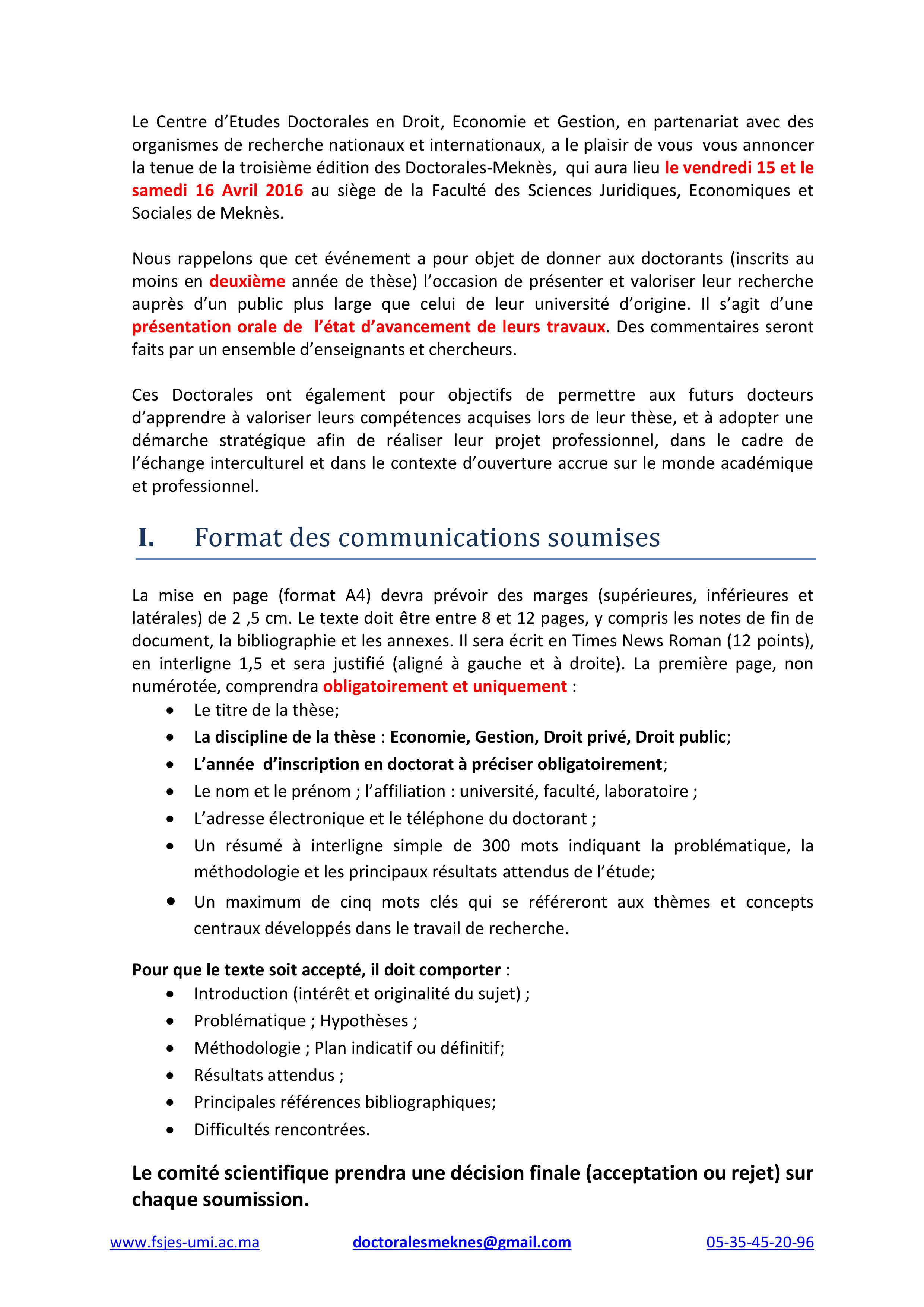 La 3ème  Édition des Doctorales-Meknès En Sciences Juridiques, Economiques et de Gestion  Le vendredi 15 et le samedi 16 Avril 2016