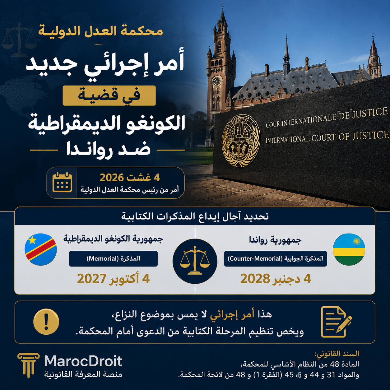 محكمة العدل الدولية: تحديد آجال المذكرات الكتابية من اختصاص المحكمة، التي تراعي في ذلك طبيعة النزاع وتعقيده ونطاقه، بعد الاستماع إلى وجهات نظر أطرافه